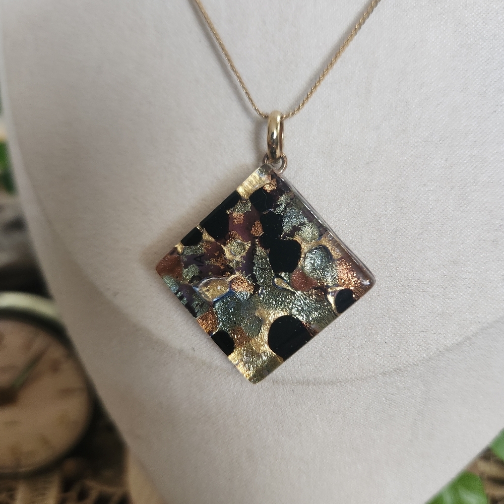 Murano Gold and Black Artistic Necklace Square Pendant Signed W Gold Chain